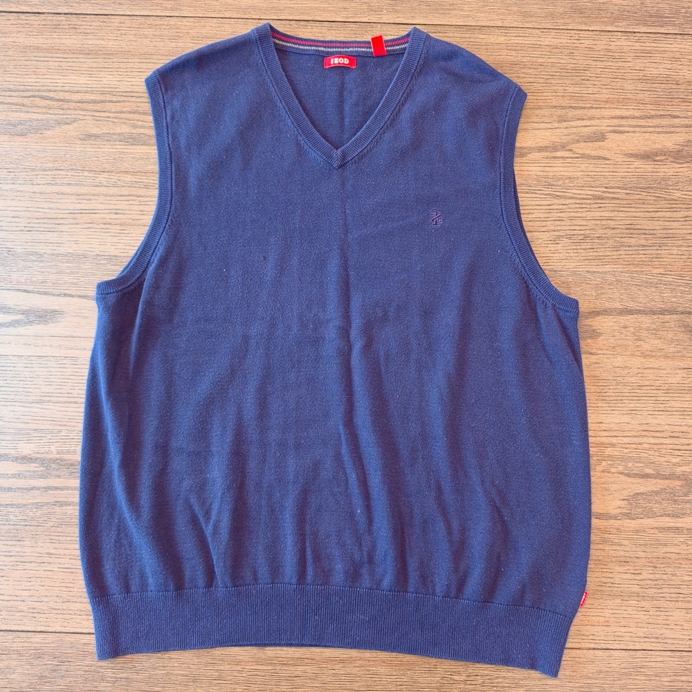 IZOD Mens XL Navy Blue V-Neck Sweater Vest 100% Cotton Sleeveless Knit Logo
